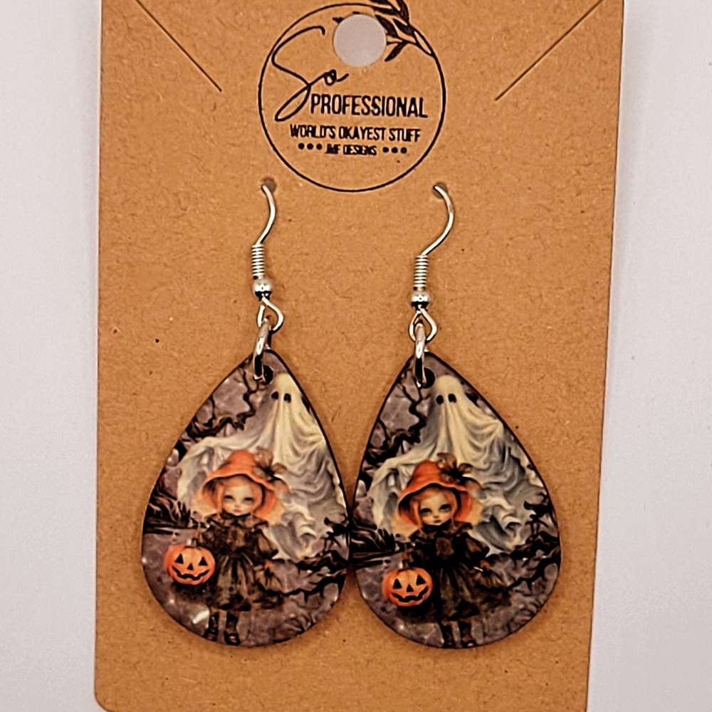 Spooky little girl and a ghost teardrop earrings